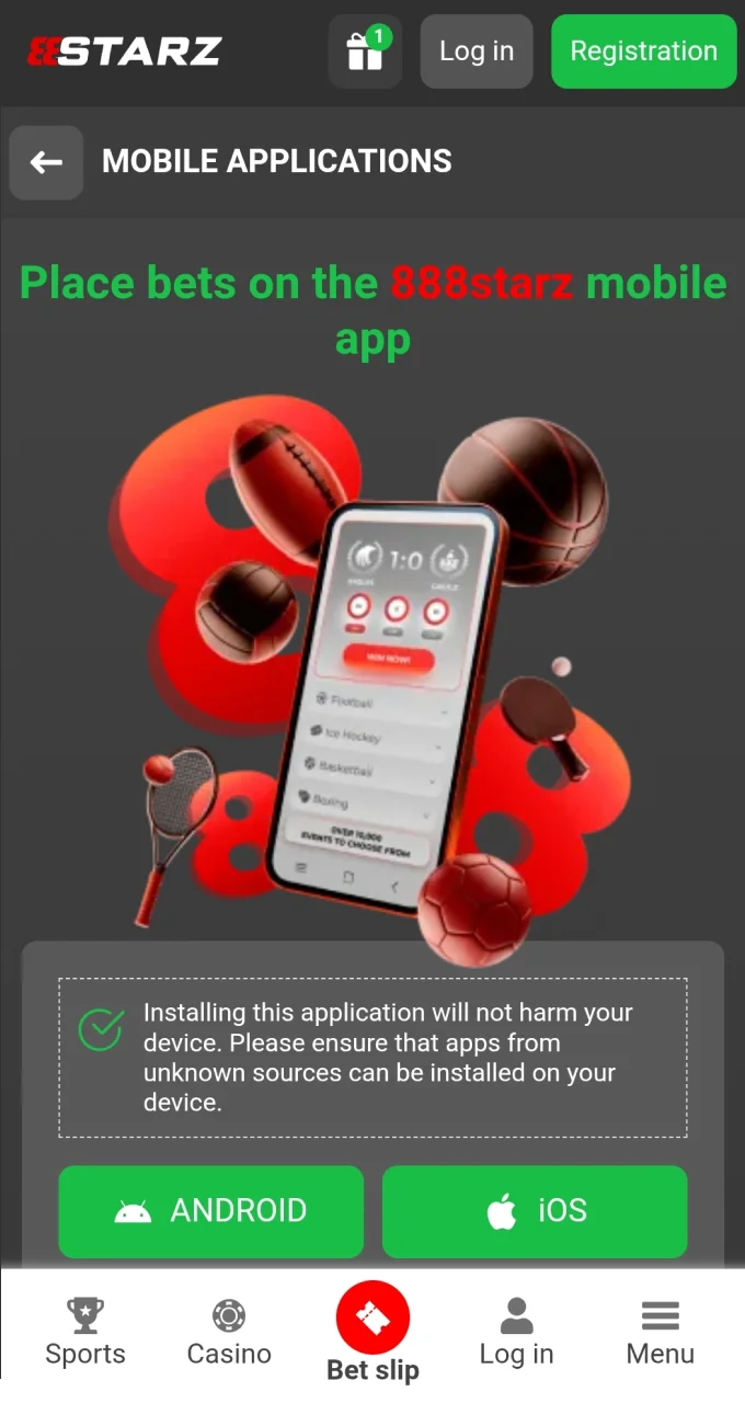 Click the Android link to start downloading the 888Starz app.