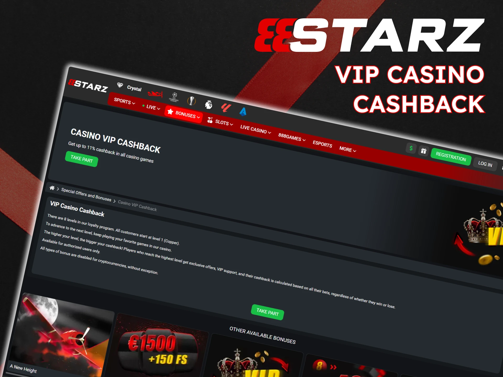 Get the Casino VIP Cashback bonus from 888Starz.