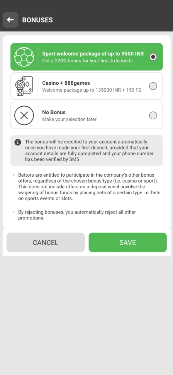 Select the bonus you want and proceed registration on the 888Starz website.
