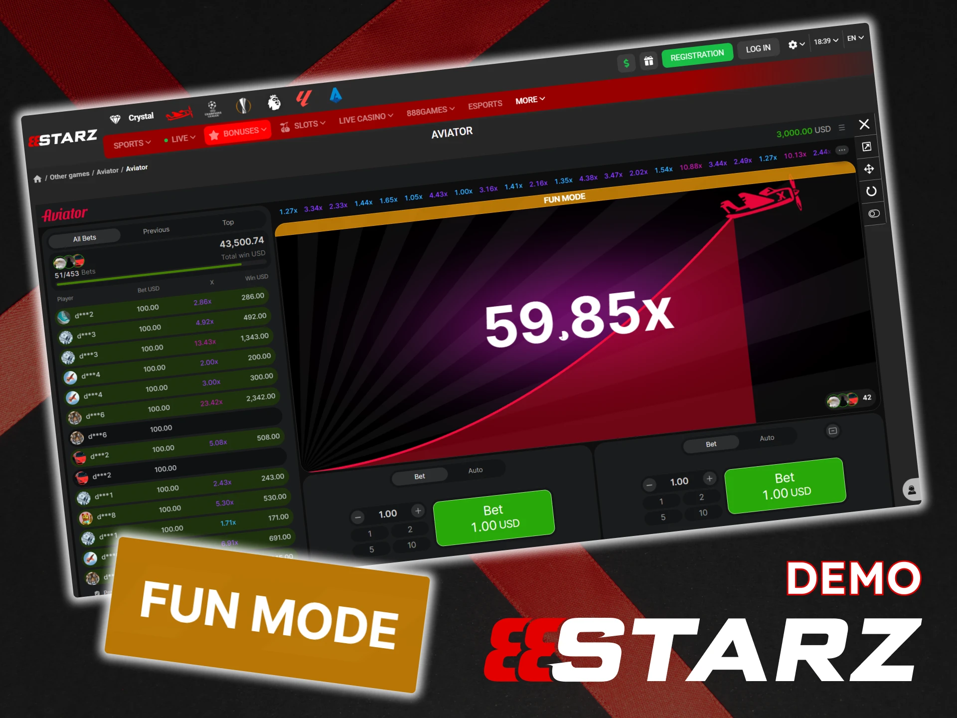 Try the demo version of the Aviator game at 888Starz.