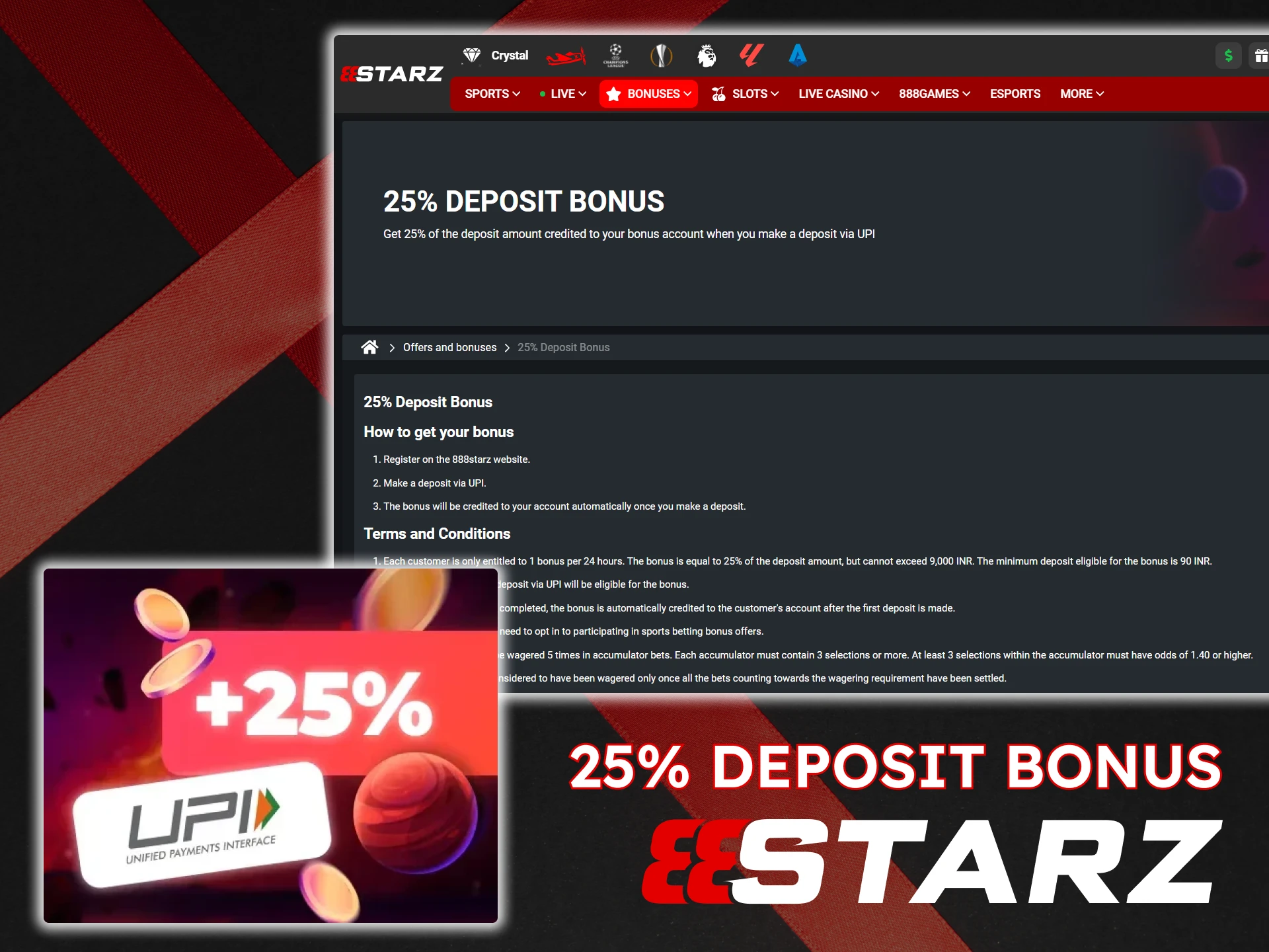Check out the terms and conditions for the 25% deposit bonus at 888Starz.