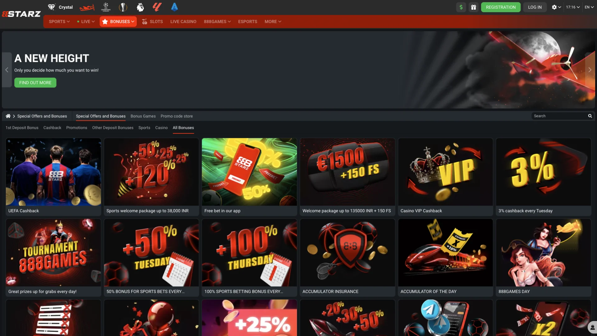 Check out the bonus section interface on the official 888Starz website.