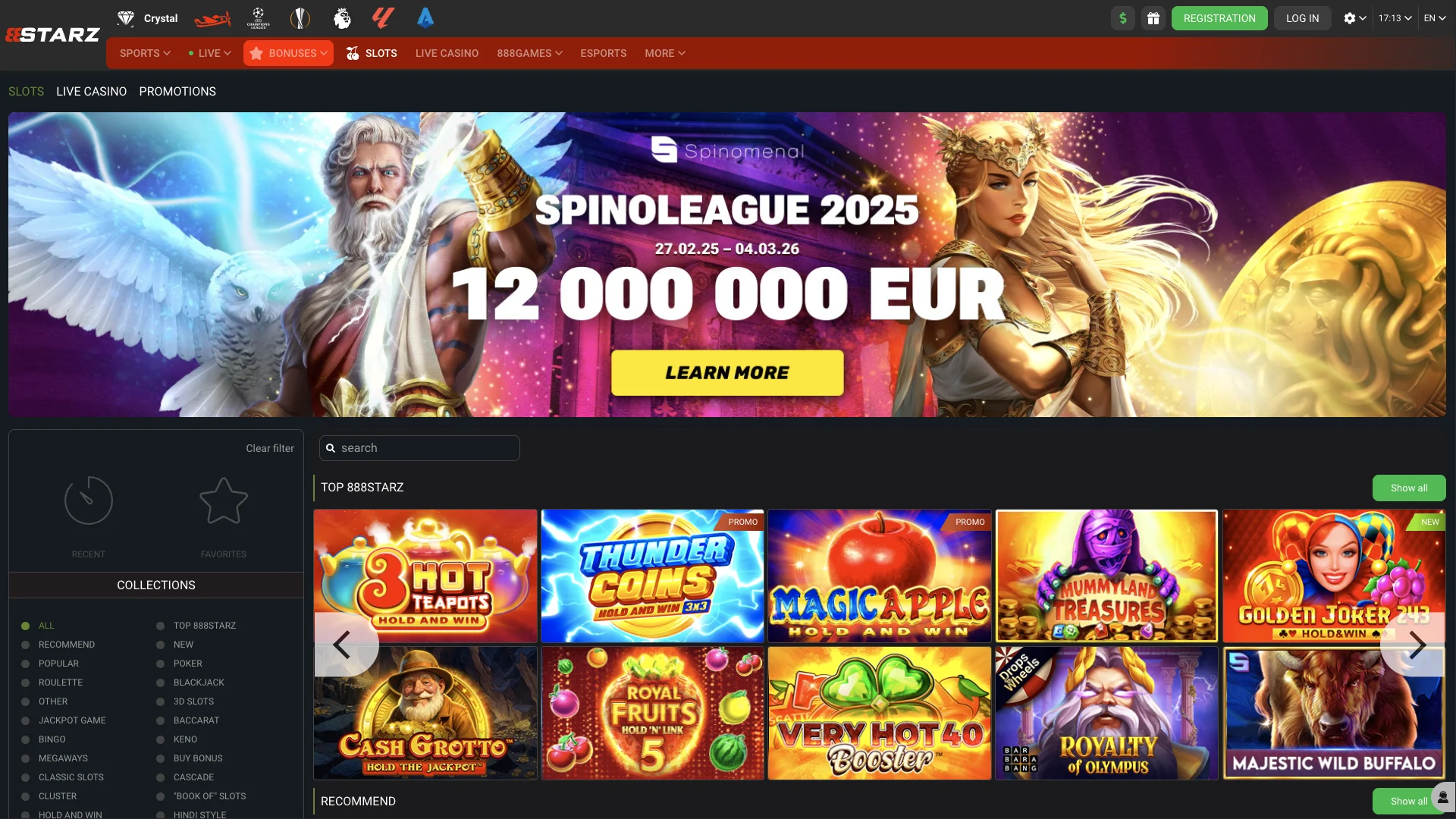 A huge variety of games awaits you in the slots section on the official 888Starz website.