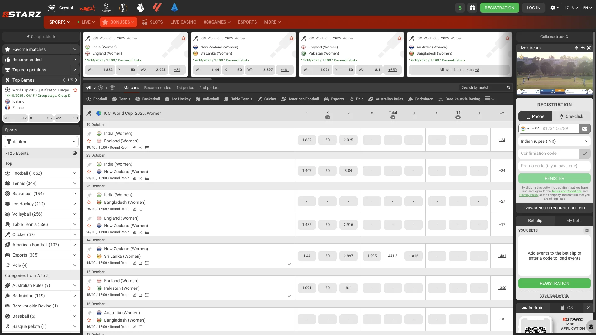 A huge selection of sports tournaments awaits you on the 888Starz bookmaker website.