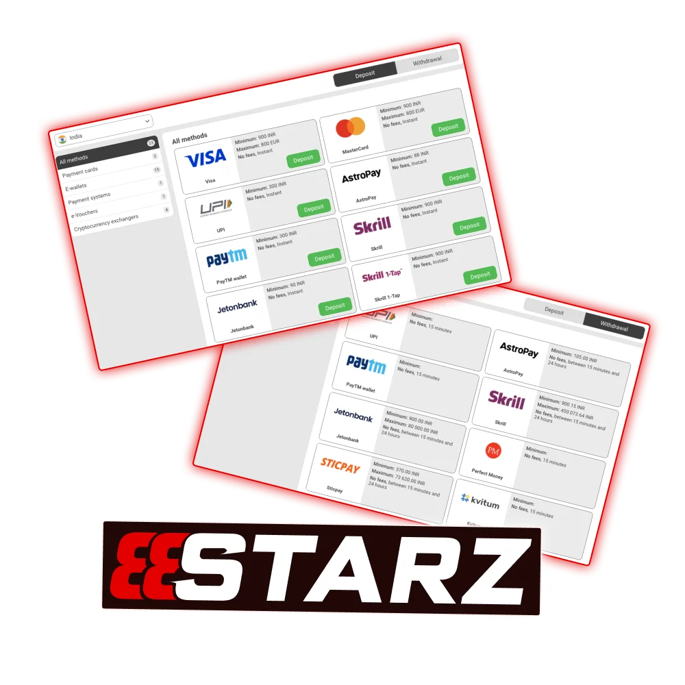 There are many convenient payment methods on the 888Starz website.