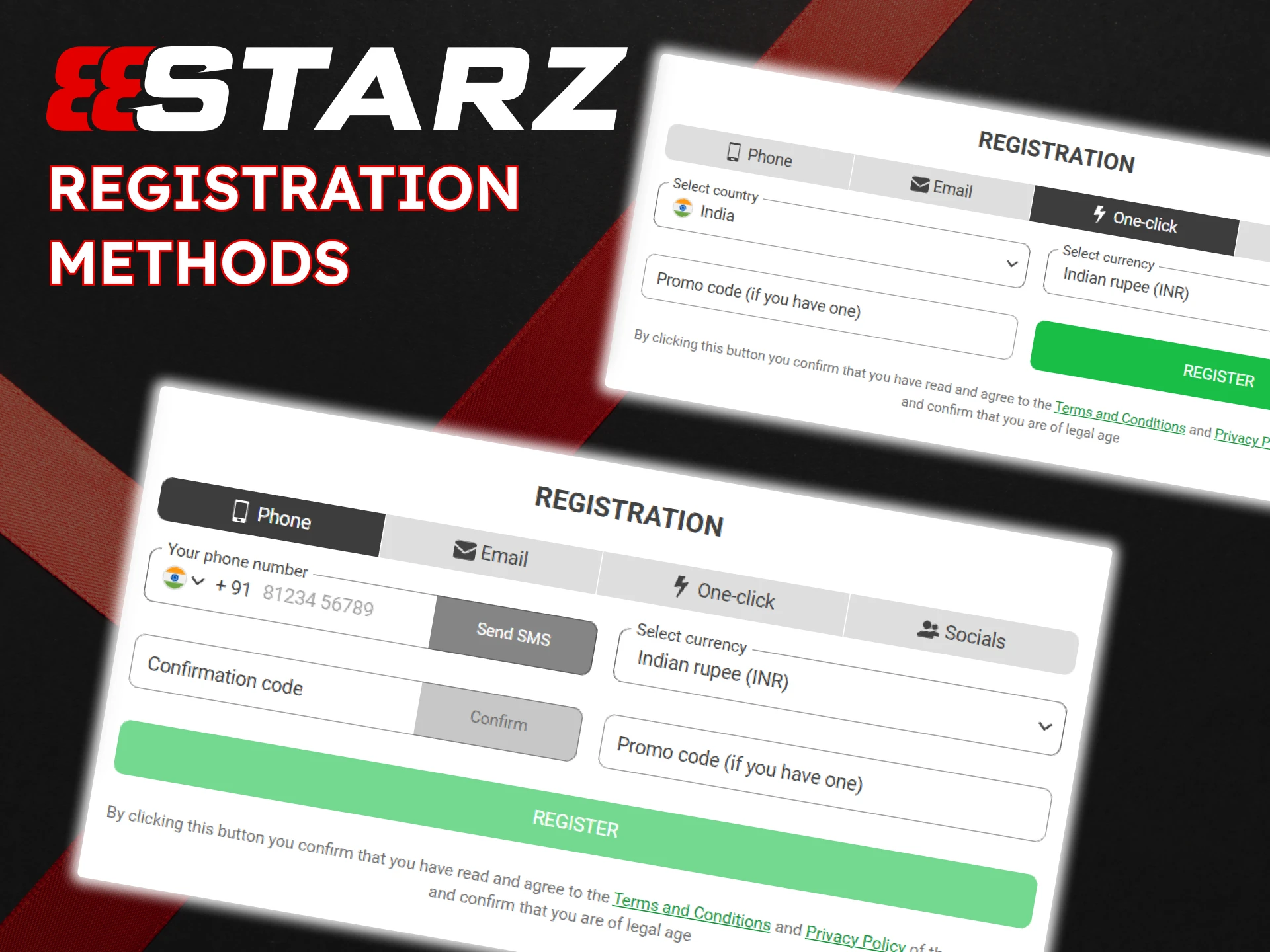 888Starz offers various registration methods, such as by phone, email, one-click, or via social media.