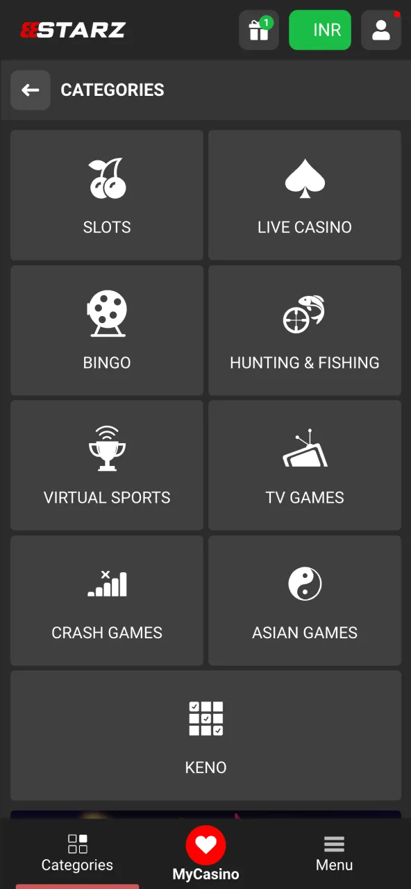 Open 888Starz slots menu and choose games.