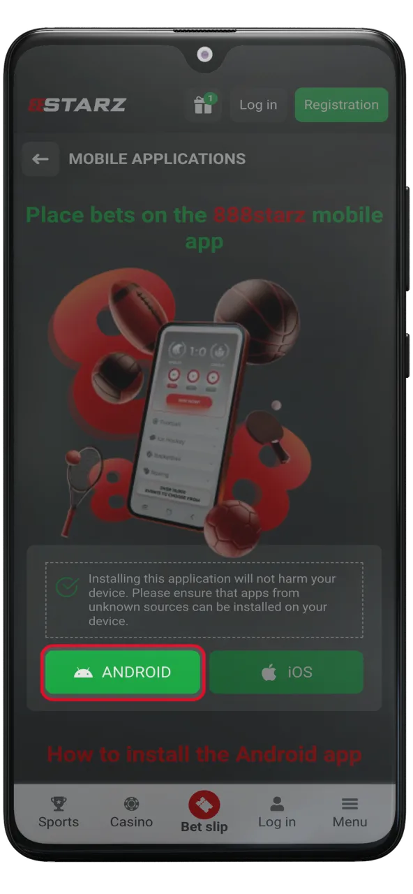 Click the Android link to start downloading the 888Starz app.