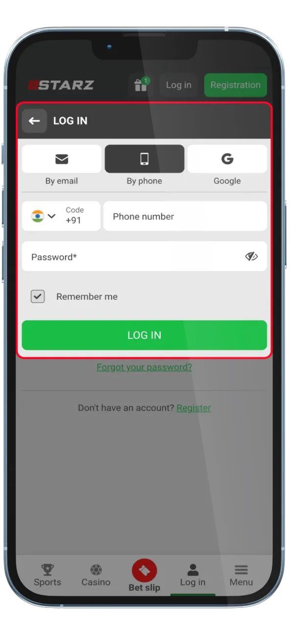 Create account or enter existing login on 888Starz.
